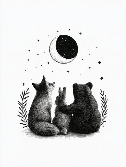 Œuvre complète du tableau Compagnons sous la Lune noir et blanc, vue fidèle du visuel original
