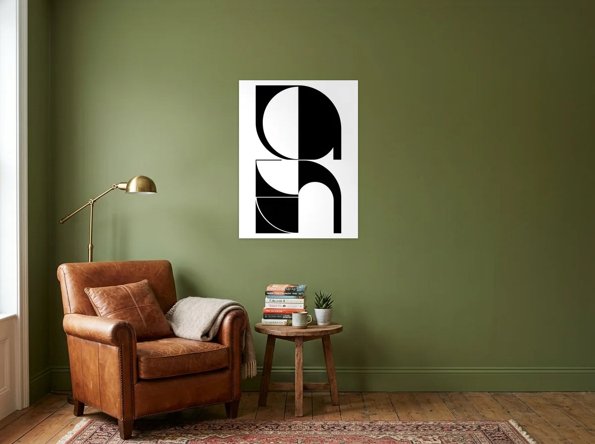 Tableau composition Bauhaus arches noir et blanc sur toile 2 cm, présenté dans un coin lecture aux murs vert olive