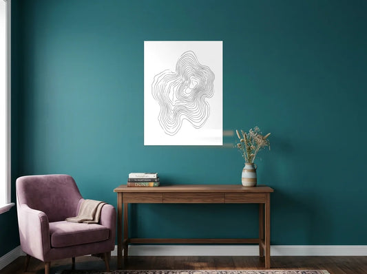 Tableau courbes topographiques organiques noir et blanc sur toile 2 cm, présenté dans un intérieur coloré
