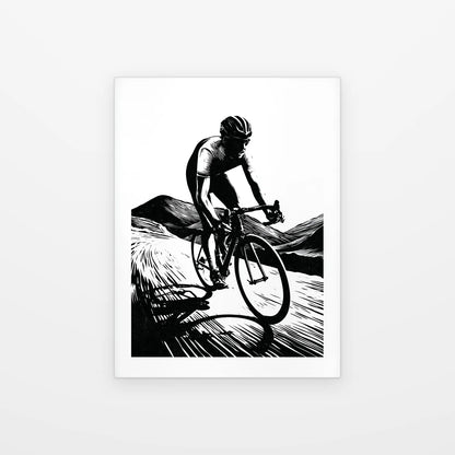 Visuel du tableau Cycliste en Ascension noir et blanc présenté seul sur fond blanc, aperçu de l’œuvre imprimée