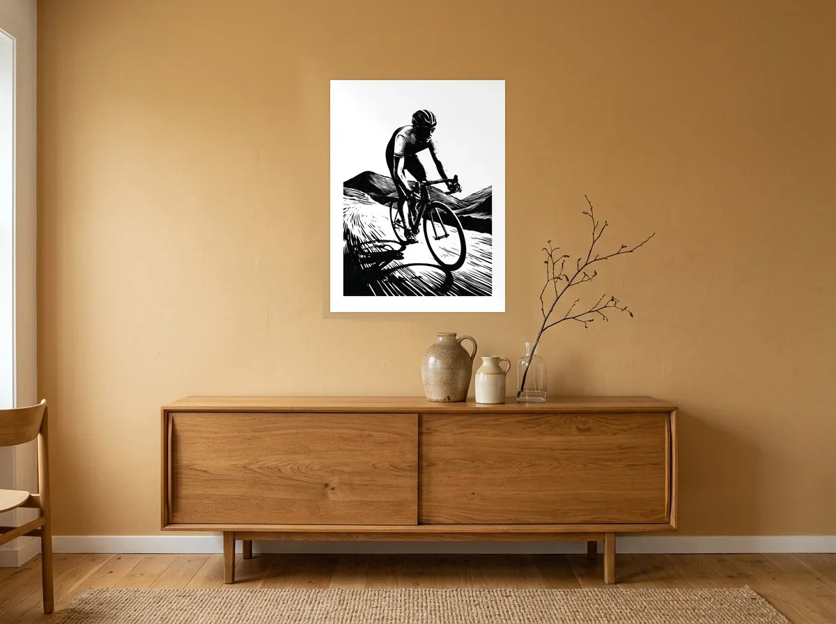 Tableau Cycliste en Ascension noir et blanc sur toile 2 cm, présenté dans une salle à manger aux murs ocre