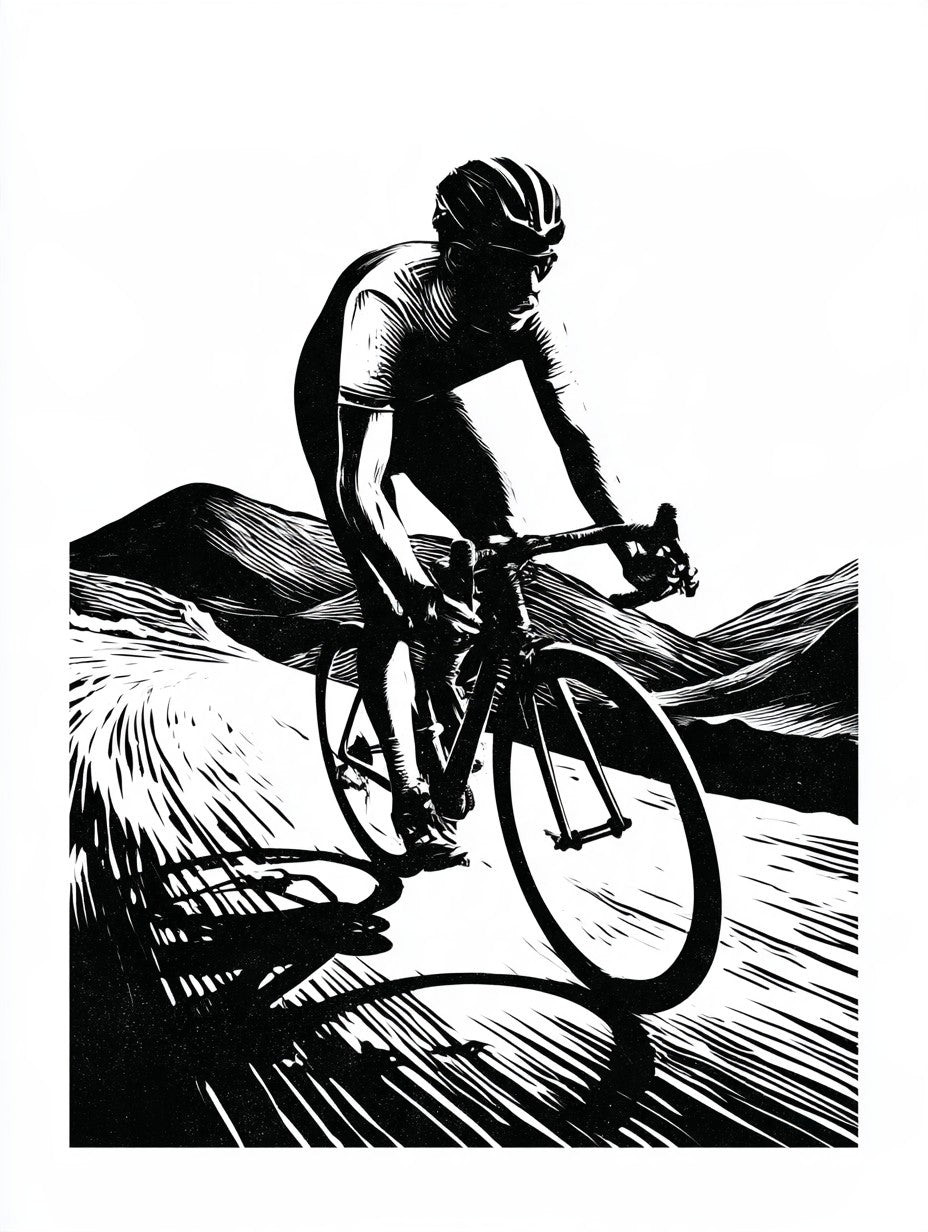Œuvre complète du tableau Cycliste en Ascension noir et blanc, vue fidèle du visuel original