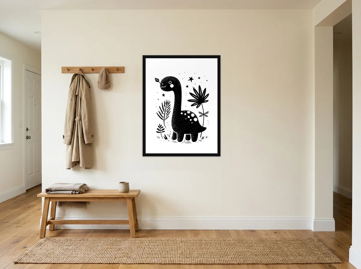 Tableau dinosaure à long cou noir et blanc en toile encadrée noire, présenté dans une entrée crème avec banc en bois