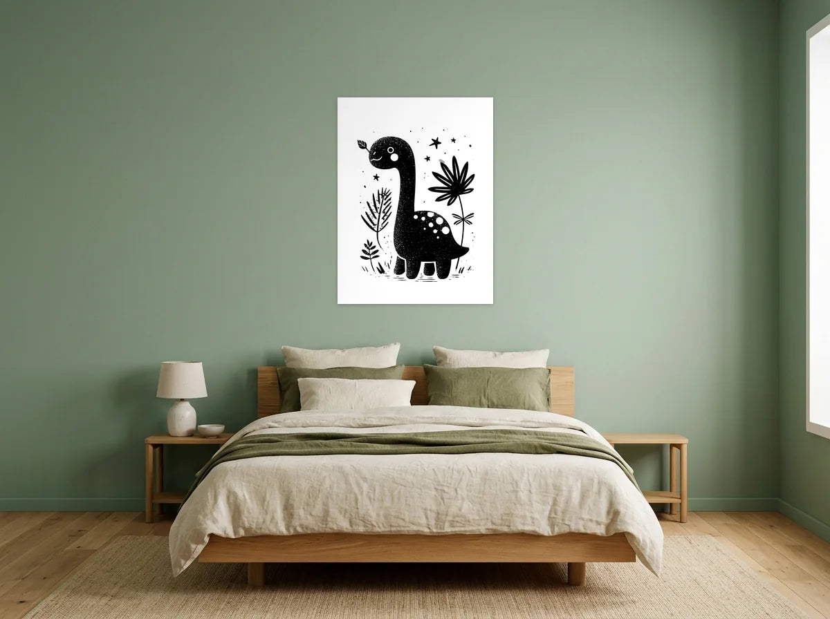 Tableau dinosaure à long cou noir et blanc sur toile 2 cm, présenté dans une chambre aux murs vert sauge