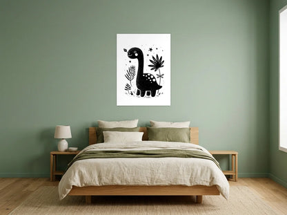 Tableau dinosaure à long cou noir et blanc sur toile 2 cm, présenté dans une chambre aux murs vert sauge