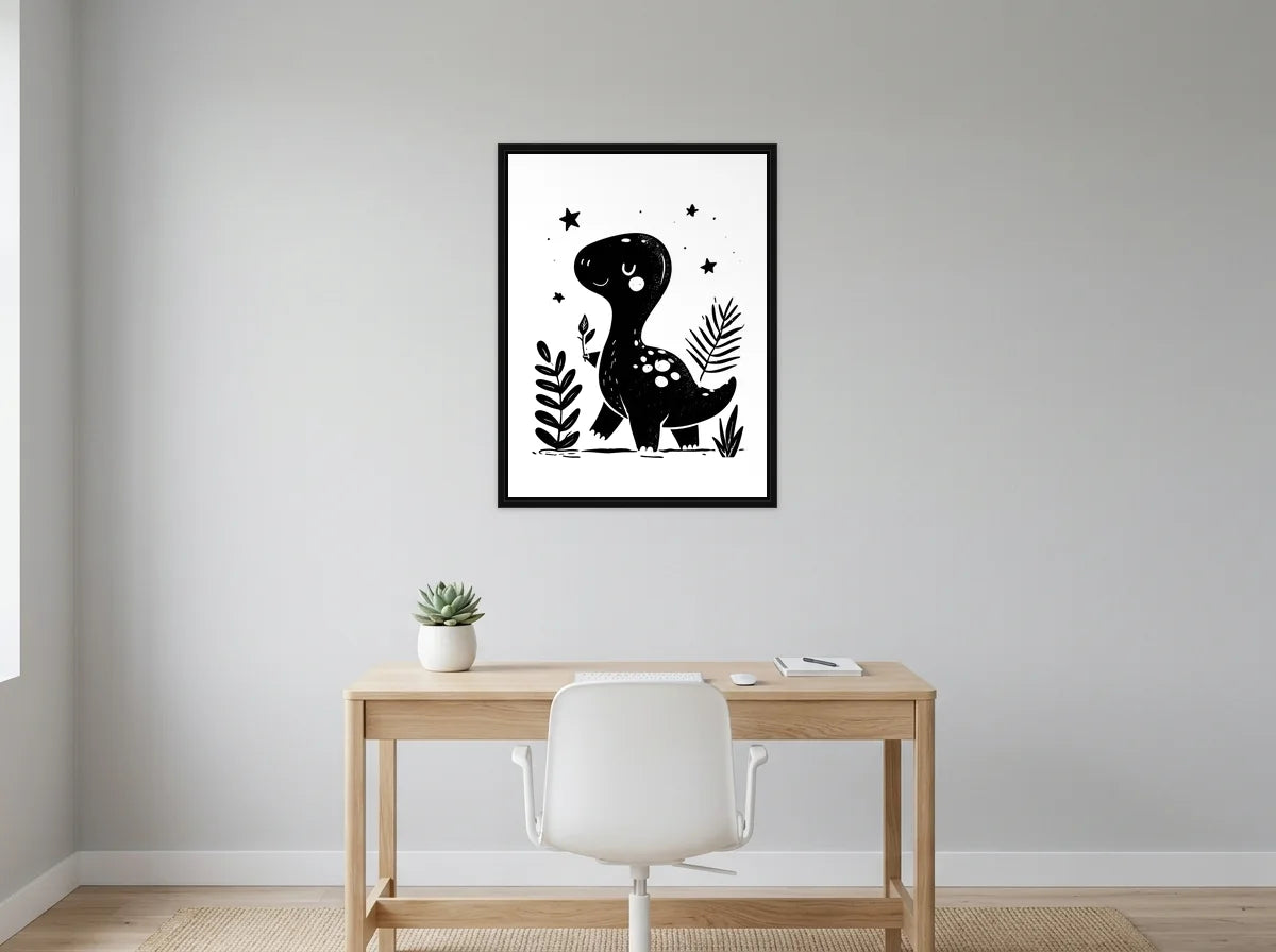 Tableau dinosaure aux étoiles noir et blanc en toile encadrée noire, présenté dans un bureau gris clair lumineux