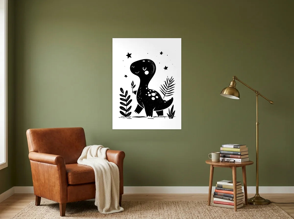 Tableau dinosaure aux étoiles noir et blanc sur toile 2 cm, présenté dans un coin lecture aux murs vert olive
