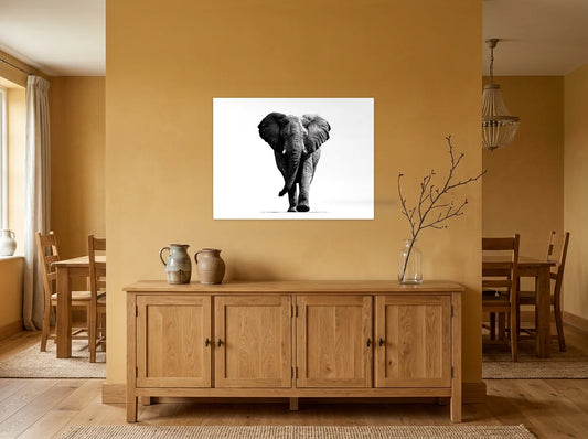 Tableau éléphant gravure face noir et blanc sur toile 2 cm, présenté dans un intérieur coloré