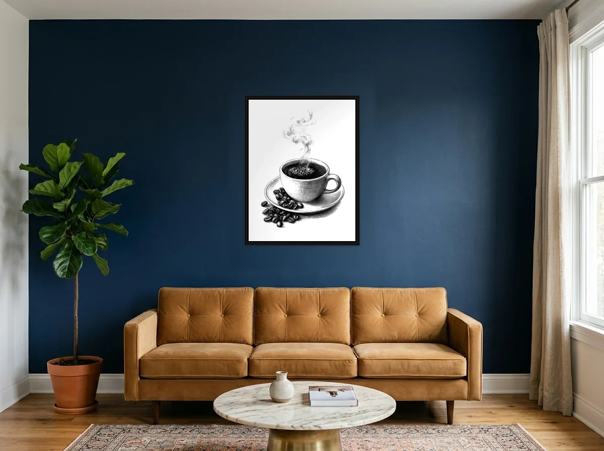 Tableau espresso fumant noir et blanc en toile encadrée noire, présenté dans : salon aux murs bleu nuit