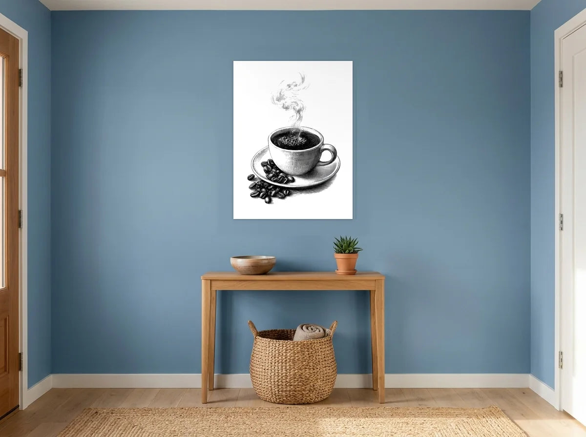 Tableau espresso fumant noir et blanc sur toile 2 cm, présenté dans : entrée aux murs bleu poudré