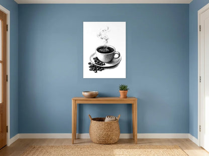Tableau espresso fumant noir et blanc sur toile 2 cm, présenté dans : entrée aux murs bleu poudré