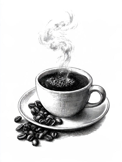 Œuvre du tableau espresso fumant noir et blanc, vue complète et fidèle du visuel