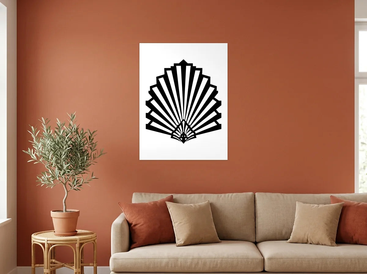 Tableau éventail Art déco noir et blanc sur toile 2 cm, présenté dans un salon aux murs terracotta