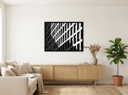 Tableau façade d’immeuble moderne noir et blanc en toile encadrée noire, présenté dans salon blanc chaleureux et bois clair