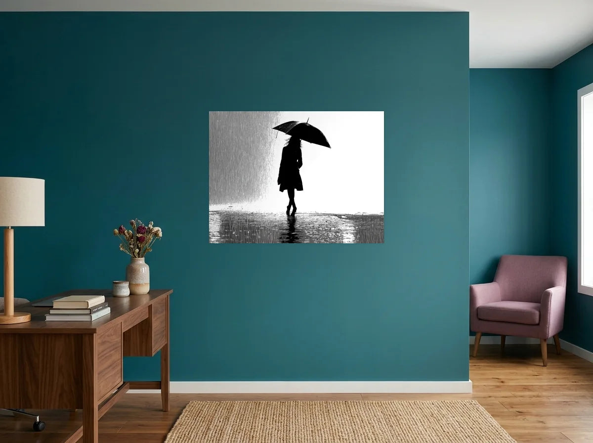 Tableau Femme au Parapluie noir et blanc sur toile 2 cm, présenté dans un bureau aux murs bleu canard