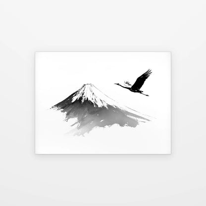 Tableau Fuji et Grue noir et blanc présenté seul sur fond blanc, aperçu de l’œuvre imprimée
