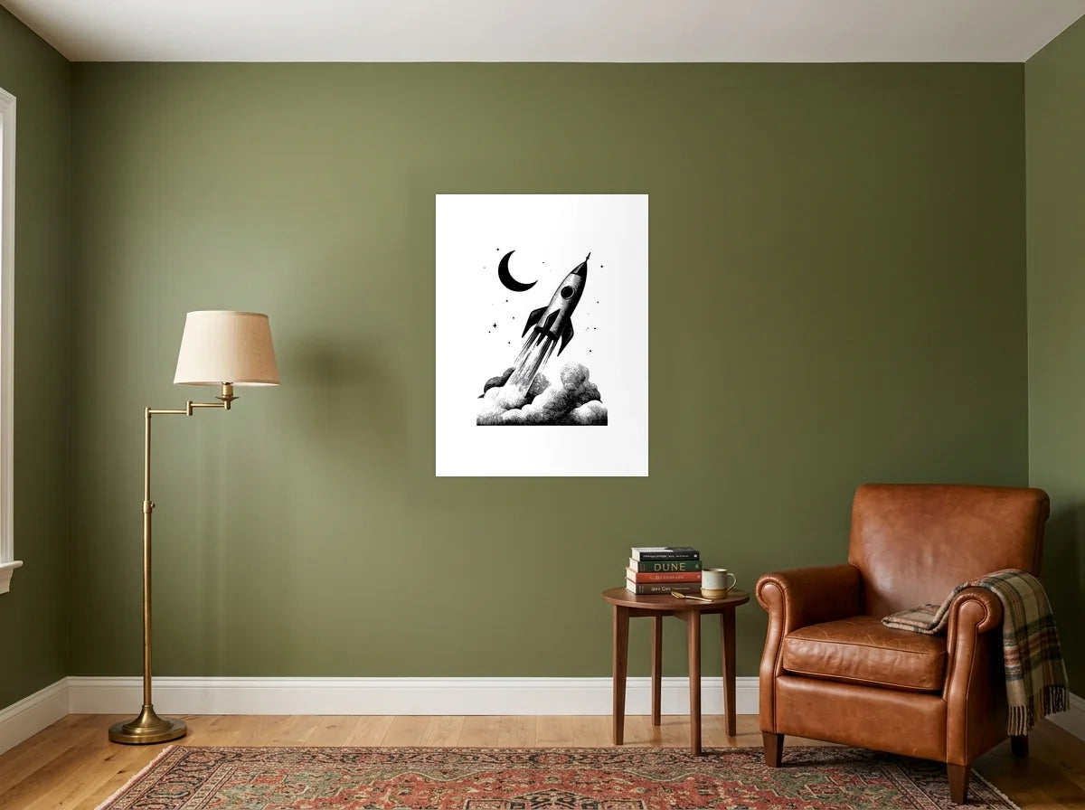 Tableau fusée et croissant lunaire noir et blanc sur toile 2 cm, présenté dans : coin lecture aux murs vert olive