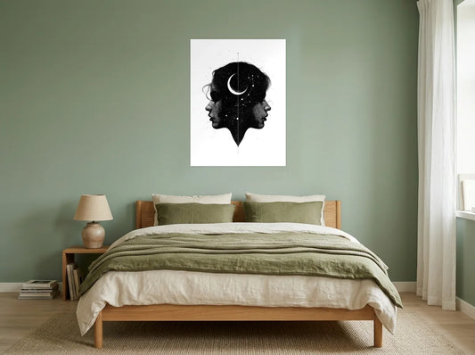 Tableau Gémeaux au Croissant noir et blanc sur toile 2 cm, présenté dans : chambre aux murs vert sauge