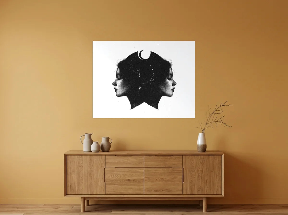 Tableau Gémeaux aux Étoiles noir et blanc sur toile 2 cm, présenté dans : salle à manger aux murs ocre