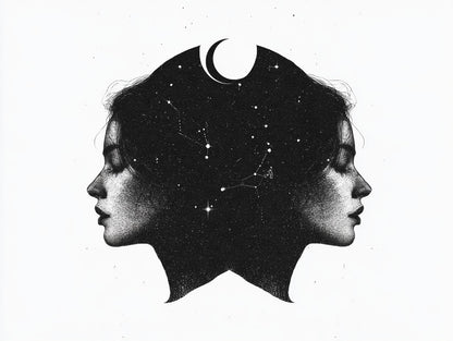 Œuvre du tableau Gémeaux aux Étoiles noir et blanc, vue complète et fidèle du dessin