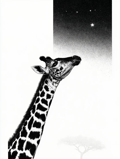 Œuvre du tableau girafe sous les étoiles noir et blanc, vue complète du visuel