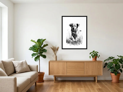 Tableau golden dans les herbes noir et blanc en toile encadrée noire, présenté dans : salon blanc chaleureux et bois clair