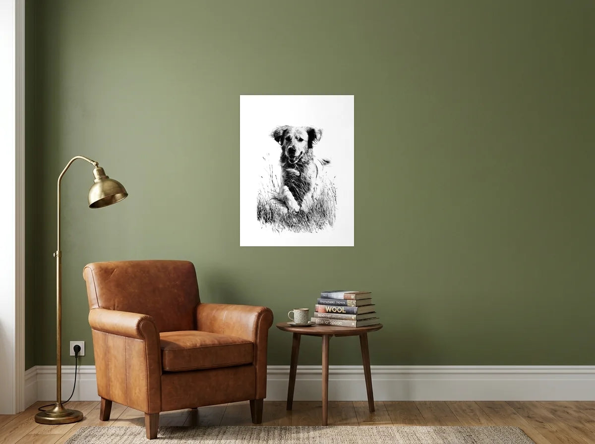 Tableau golden dans les herbes noir et blanc sur toile 2 cm, présenté dans : coin lecture aux murs vert olive