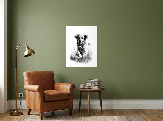 Tableau golden dans les herbes noir et blanc sur toile 2 cm, présenté dans : coin lecture aux murs vert olive