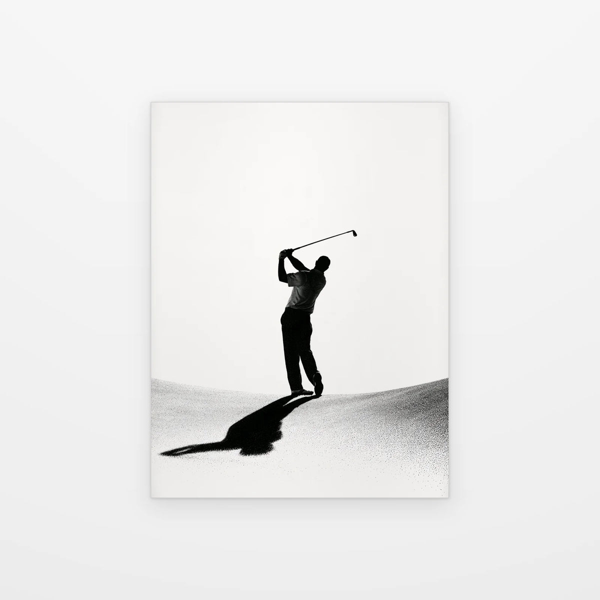 Visuel du tableau golfeur en fin de swing noir et blanc présenté seul sur fond blanc, aperçu de l’œuvre imprimée