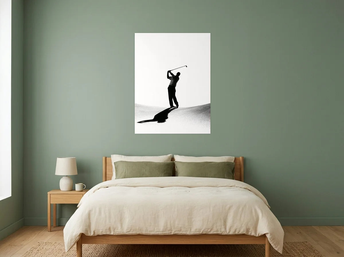 Tableau golfeur en fin de swing noir et blanc sur toile 2 cm, présenté dans : chambre aux murs vert sauge