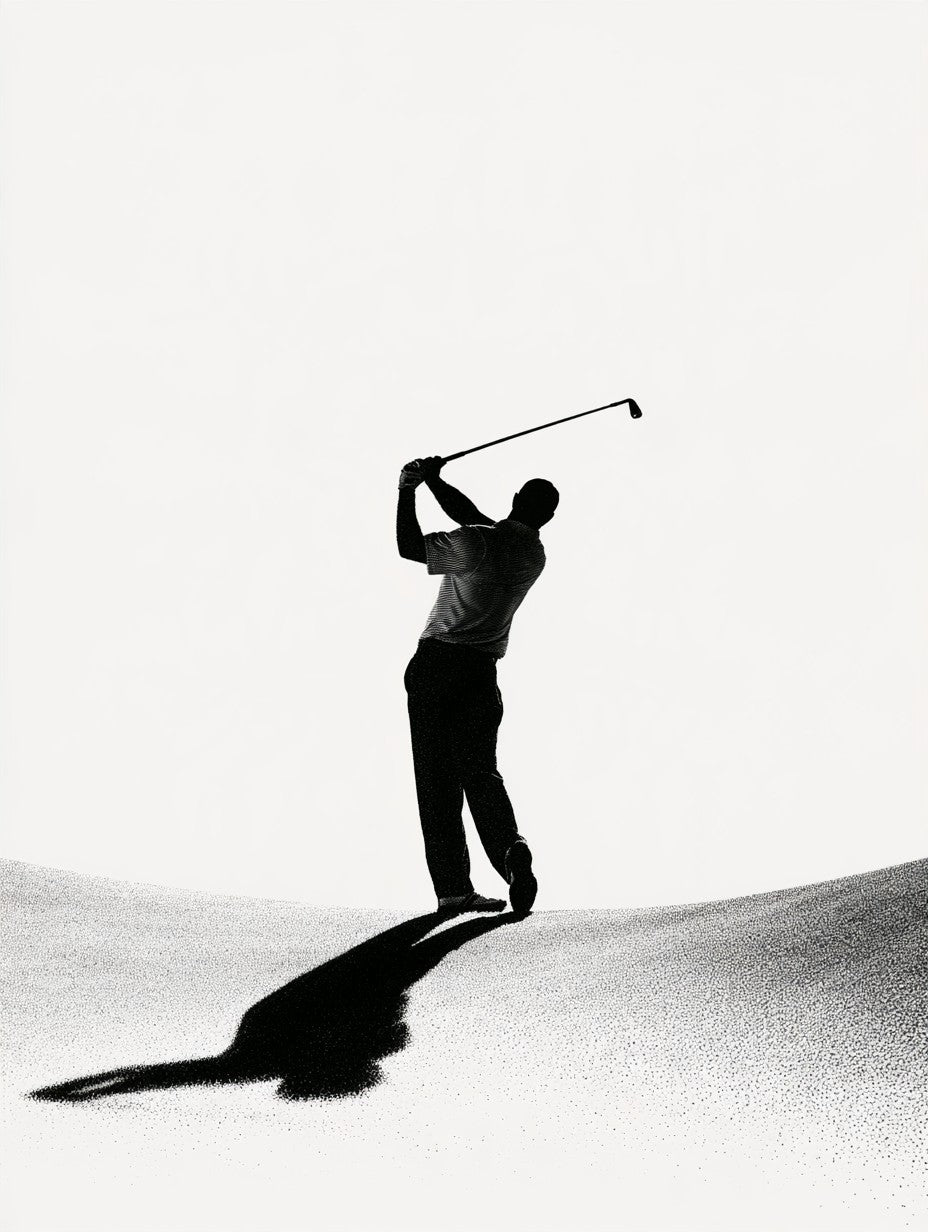 Œuvre du tableau golfeur en fin de swing noir et blanc, vue complète et fidèle du visuel