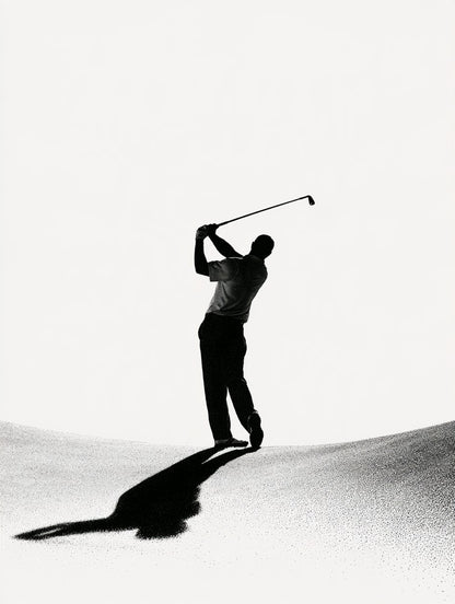 Œuvre du tableau golfeur en fin de swing noir et blanc, vue complète et fidèle du visuel