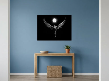 Tableau icare aux ailes déployées noir et blanc sur toile 2 cm, mis en scène dans : entrée aux murs bleu poudré
