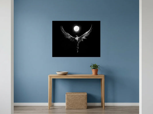 Tableau icare aux ailes déployées noir et blanc sur toile 2 cm, mis en scène dans : entrée aux murs bleu poudré