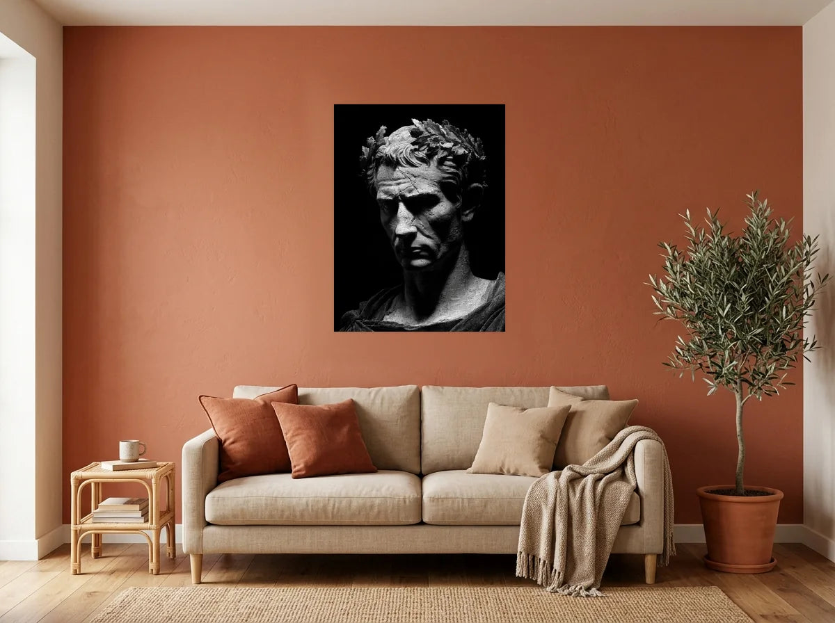 Tableau jules césar aux lauriers noir et blanc sur toile 2 cm, présenté dans : salon aux murs terracotta