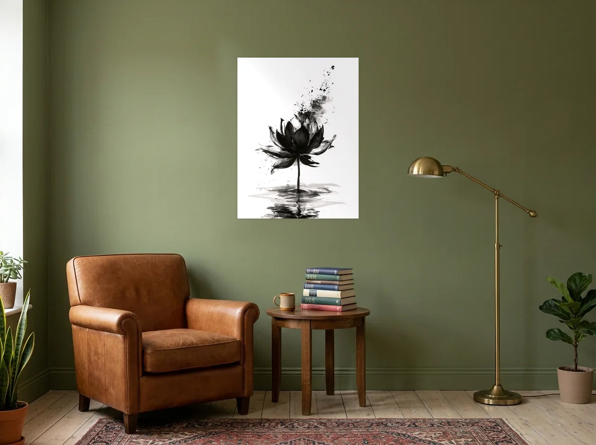 Tableau Lotus à l'Encre noir et blanc sur toile 2 cm, dans un coin lecture aux murs vert olive