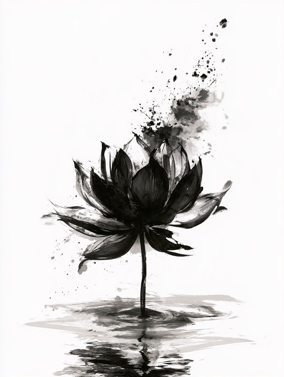 Œuvre du tableau Lotus à l'Encre noir et blanc, pétales au lavis et reflets sur l'eau
