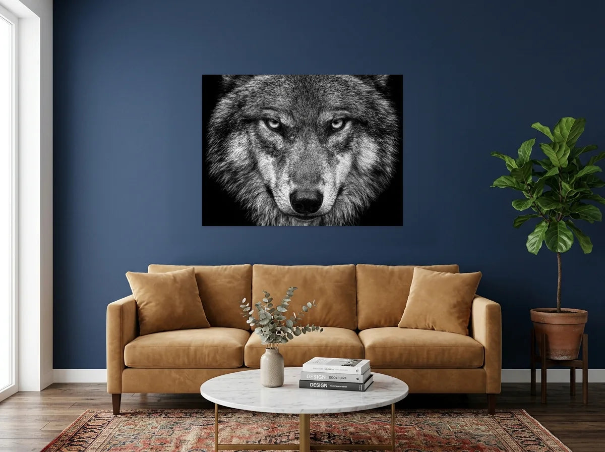 Tableau loup au regard perçant noir et blanc sur toile 2 cm, présenté dans : salon aux murs bleu nuit