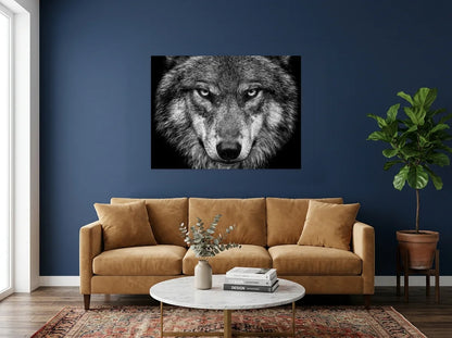 Tableau loup au regard perçant noir et blanc sur toile 2 cm, présenté dans : salon aux murs bleu nuit
