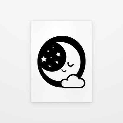 Visuel du tableau Lune Endormie et Nuage noir et blanc présenté seul sur fond blanc, aperçu de l’œuvre imprimée