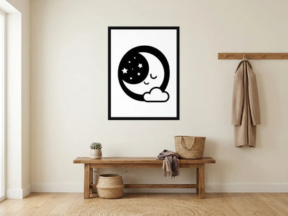 Tableau Lune Endormie et Nuage noir et blanc en toile encadrée noire, présenté dans une entrée crème avec banc en bois