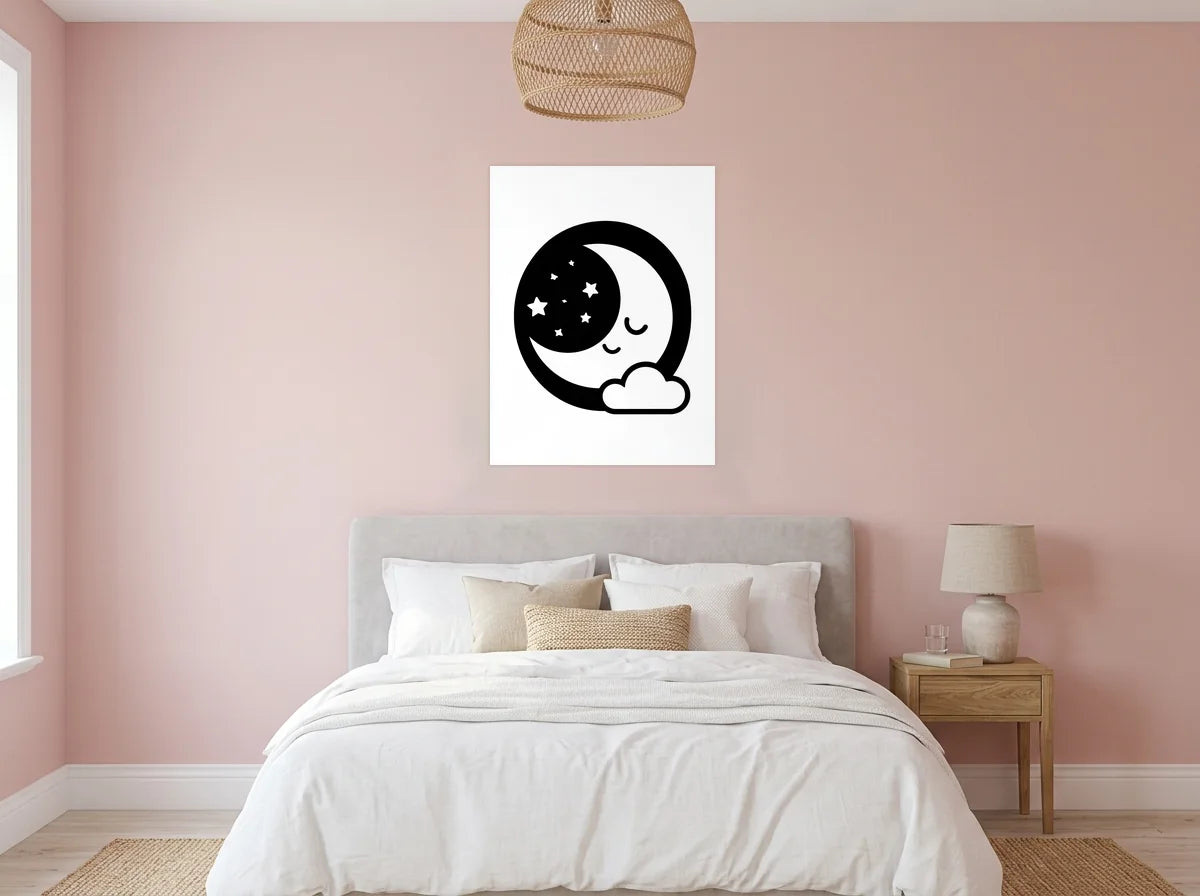 Tableau Lune Endormie et Nuage noir et blanc sur toile 2 cm, présenté dans une chambre aux murs rose poudré