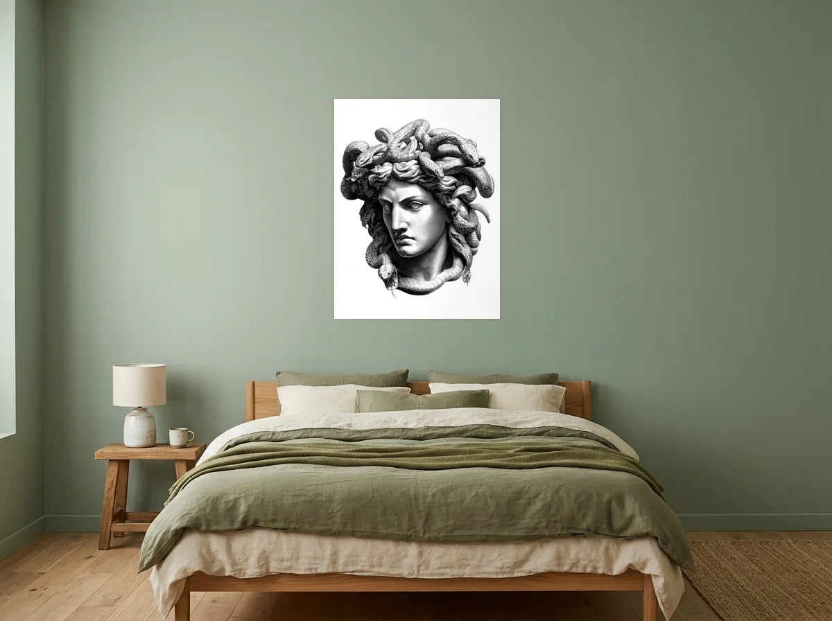 Tableau méduse aux serpents noir et blanc sur toile 2 cm, présenté dans : chambre aux murs vert sauge