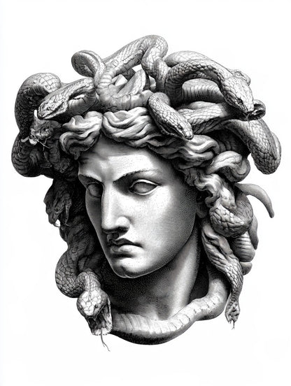 Illustration du tableau méduse aux serpents noir et blanc, vue complète et fidèle de l’œuvre