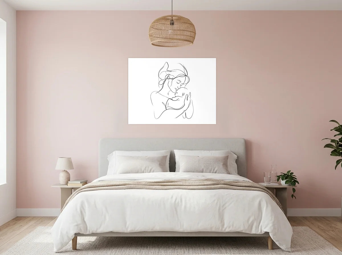 Tableau Mère et Nouveau-né noir et blanc sur toile 2 cm, présenté dans : chambre aux murs rose poudré