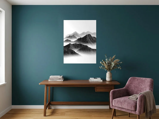 Tableau Montagnes en Courbes noir et blanc sur toile 2 cm, dans un bureau aux murs bleu canard