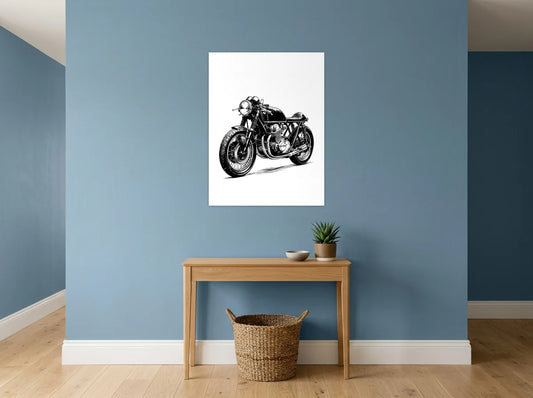 Tableau moto café racer classique noir et blanc sur toile présenté dans une entrée aux murs bleu poudré