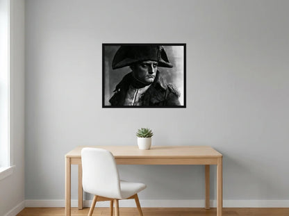 Tableau napoléon au bicorne noir et blanc en toile encadrée noire, présenté dans : bureau gris clair lumineux