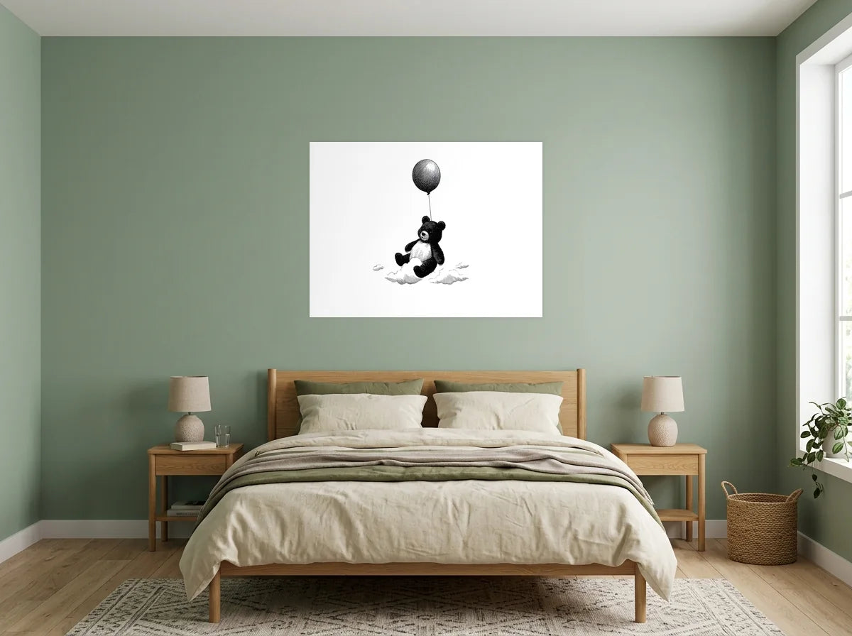 Tableau ourson au ballon noir et blanc sur toile 2 cm, présenté dans : chambre aux murs vert sauge