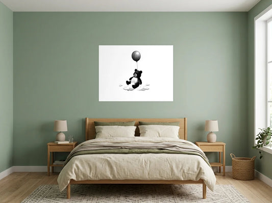 Tableau ourson au ballon noir et blanc sur toile 2 cm, présenté dans : chambre aux murs vert sauge